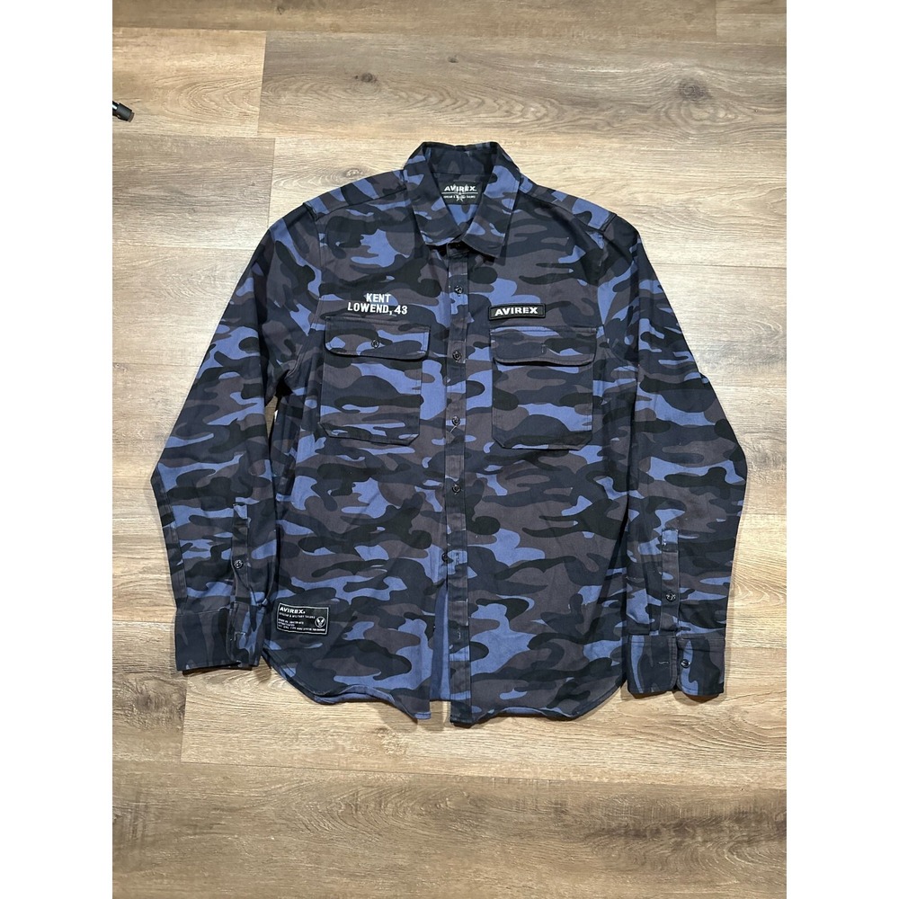 Avirex Shirt Mens XL Blue Camouflaged Long Sleeve Patches Military Tailor
